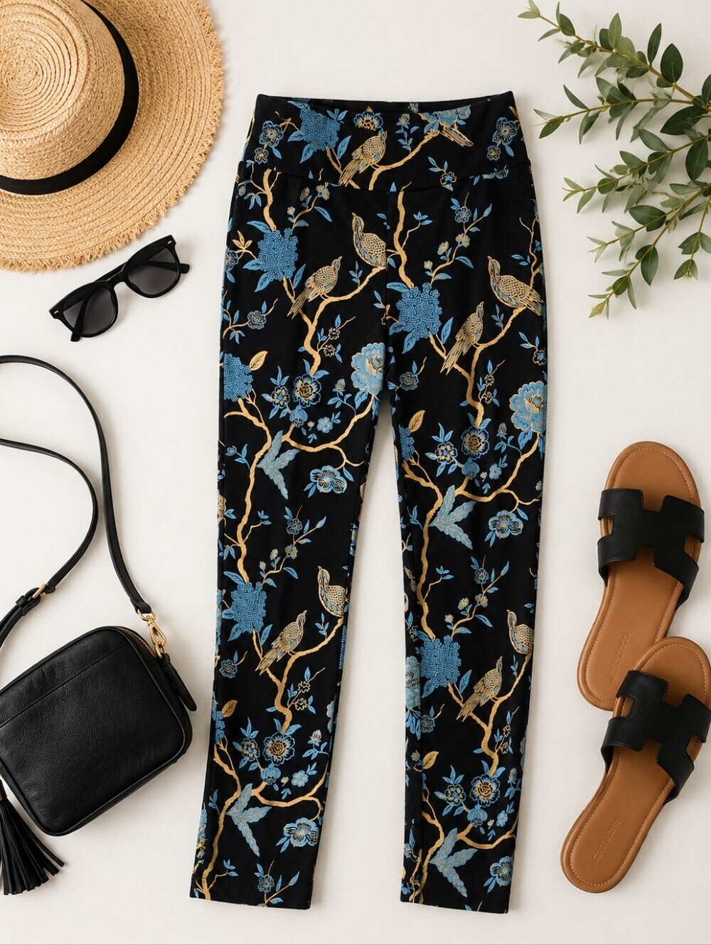 Soft Surroundings Stretchy Black Blue Gold Asian Inspired Straight Pants. SMALL